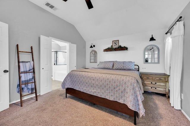 3214 Eagle Ln, Midlothian, TX 76065 - carpeted bedroom with lofted ceiling, ceiling fan, and ensuite bath