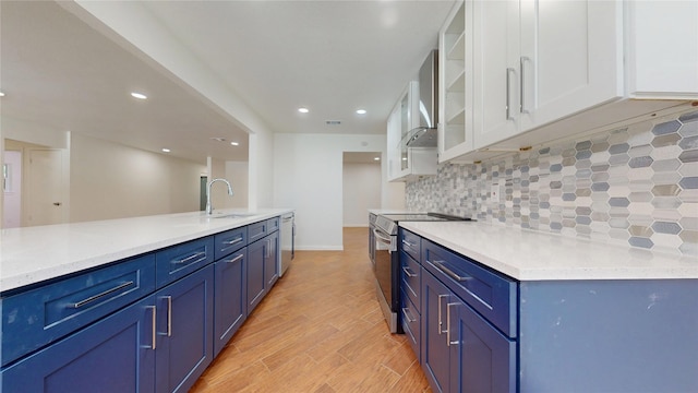 2350 Ravenwood Dr, Grand Prairie, TX 75050 - kitchen with stainless steel appliances, a sink, white cabinets, light countertops, and blue cabinets
