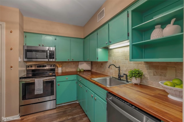 3820 Fairfield Ave Unit 113, Shreveport, LA 71104 - kitchen featuring appliances with stainless steel finishes, a sink, open shelves, tasteful backsplash, and wooden counters