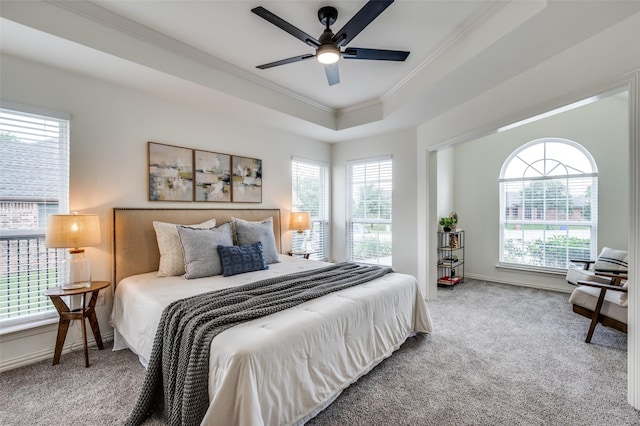 212 Cory Ct, Krum, TX 76249 - carpeted bedroom featuring crown molding, a tray ceiling, baseboards, and ceiling fan