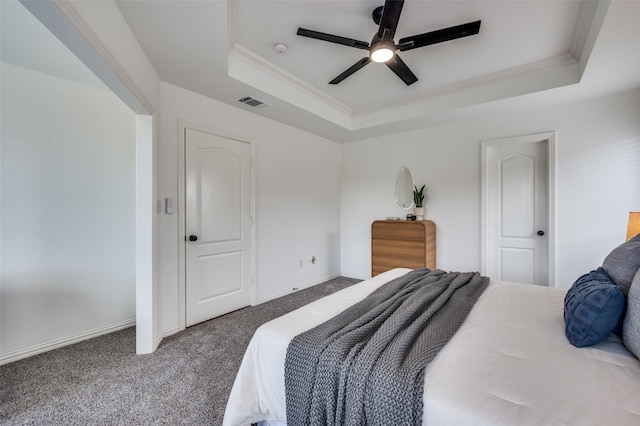 212 Cory Ct, Krum, TX 76249 - bedroom with a raised ceiling, carpet floors, ornamental molding, baseboards, and ceiling fan