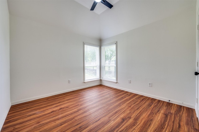 212 Cory Ct, Krum, TX 76249 - empty room featuring dark wood-style flooring, ceiling fan, baseboards, and high vaulted ceiling