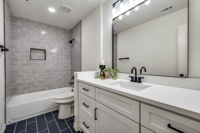 212 Cory Ct, Krum, TX 76249 - bathroom featuring tile patterned floors, vanity, toilet, shower / tub combination, and recessed lighting