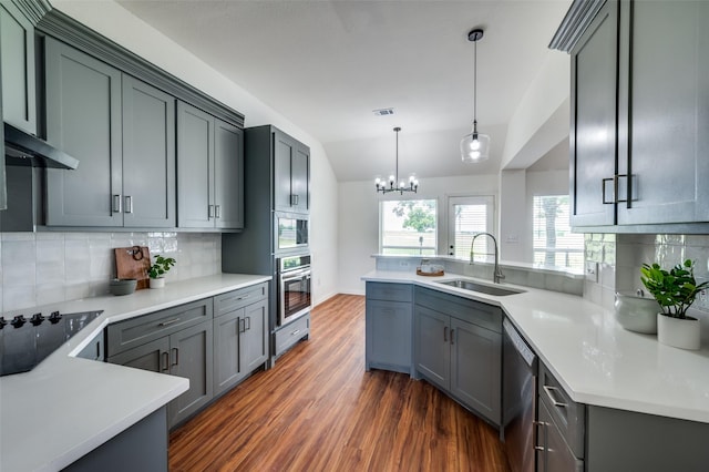 212 Cory Ct, Krum, TX 76249 - kitchen with a sink, appliances with stainless steel finishes, dark wood-style flooring, backsplash, and lofted ceiling