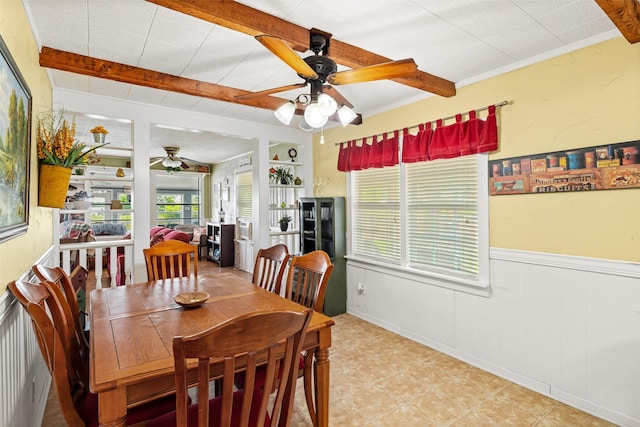 5407 Water View Dr, Granbury, TX 76048 - dining room with a ceiling fan, healthy amount of natural light, a wainscoted wall, and light tile patterned floors