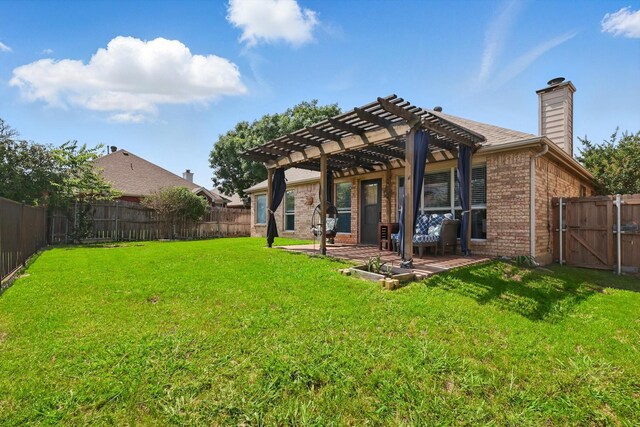 4408 Sunny Oak Ln, Corinth, TX 76208 - rear view of house featuring a pergola, a patio, brick siding, a chimney, and a gate
