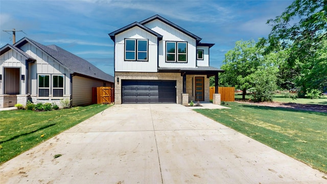 6857 Rutland Dr, Arlington, TX 76002 - modern home with board and batten siding, an attached garage, driveway, and stone siding