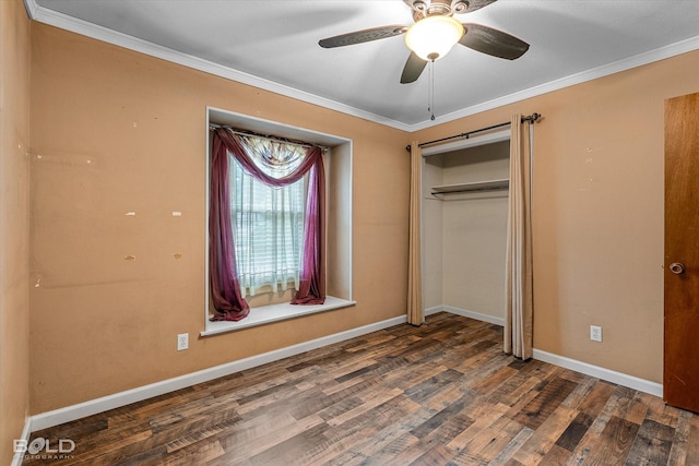 2020 Venus Dr, Bossier City, LA 71112 - unfurnished bedroom with ornamental molding, wood finished floors, a closet, baseboards, and ceiling fan