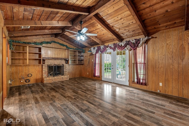 2020 Venus Dr, Bossier City, LA 71112 - unfurnished living room with wood finished floors, wooden walls, wood ceiling, a brick fireplace, and a ceiling fan