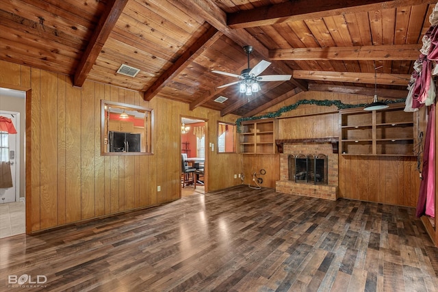 2020 Venus Dr, Bossier City, LA 71112 - unfurnished living room featuring wood finished floors, wood walls, wooden ceiling, a fireplace, and ceiling fan