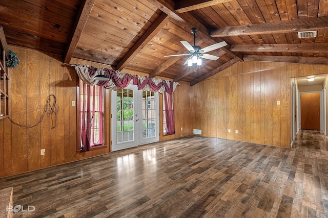 2020 Venus Dr, Bossier City, LA 71112 - unfurnished living room with wood walls, wood finished floors, wood ceiling, and a ceiling fan