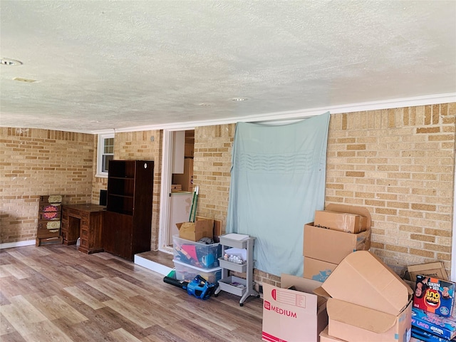2009 W Way, Garland, TX 75042 - living room with brick wall, a textured ceiling, and wood finished floors