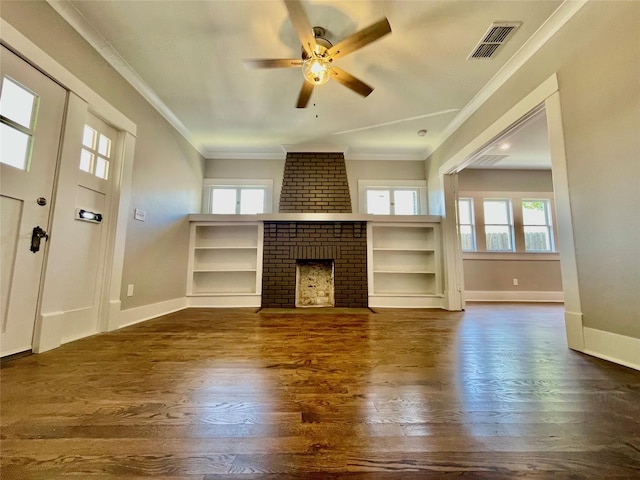 714 Beacon, Dallas, TX 75214 - unfurnished living room featuring baseboards, a ceiling fan, dark wood-type flooring, a fireplace, and crown molding