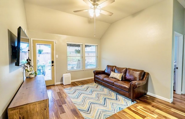 1320 Cedar Branch Dr, Wylie, TX 75098 - living room with vaulted ceiling, wood finished floors, ceiling fan, and baseboards