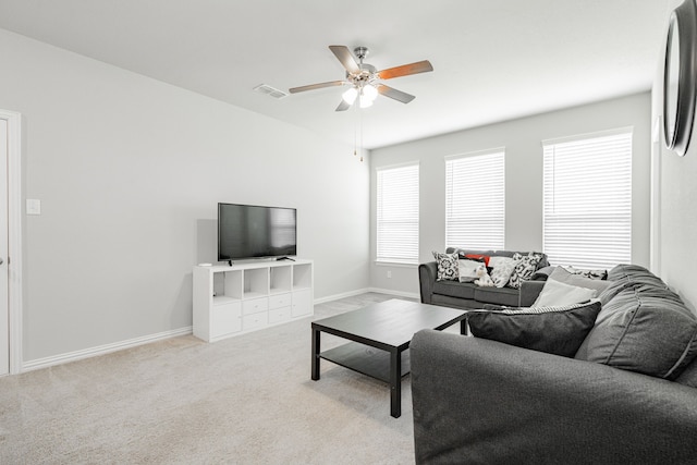 1302 Canyon Creek Rd, Wylie, TX 75098 - living room with a ceiling fan, light colored carpet, and baseboards