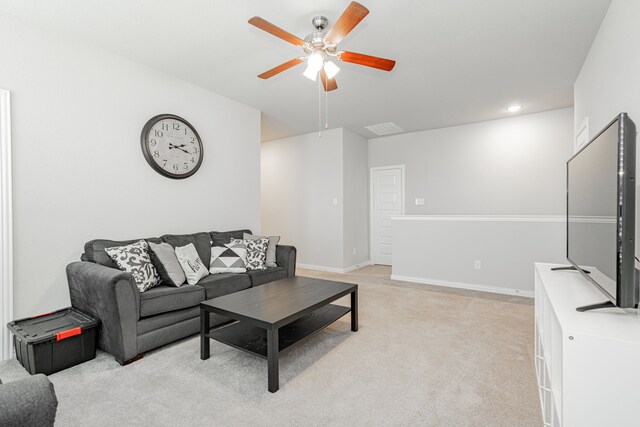 1302 Canyon Creek Rd, Wylie, TX 75098 - living area featuring ceiling fan, light colored carpet, baseboards, and recessed lighting