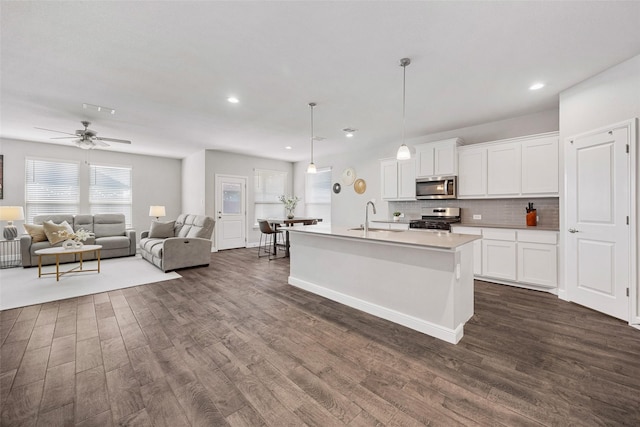 15532 Balham Pass, Fort Worth, TX 76247 - kitchen with appliances with stainless steel finishes, a sink, dark wood-style flooring, decorative backsplash, and light countertops