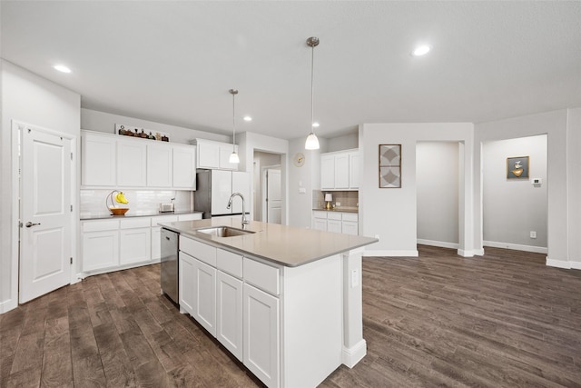 15532 Balham Pass, Fort Worth, TX 76247 - kitchen with a sink, freestanding refrigerator, dark wood-style flooring, backsplash, and recessed lighting
