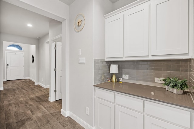 15532 Balham Pass, Fort Worth, TX 76247 - kitchen featuring baseboards, decorative backsplash, dark wood-style floors, white cabinetry, and recessed lighting