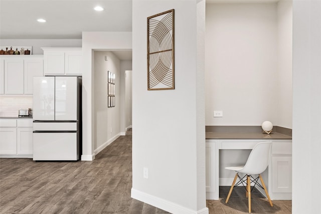 15532 Balham Pass, Fort Worth, TX 76247 - kitchen featuring freestanding refrigerator, white cabinetry, wood finished floors, recessed lighting, and baseboards