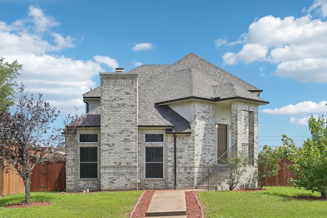 12848 Hilltop Dr, Balch Springs, TX 75180 - french provincial home featuring roof with shingles, a chimney, and brick siding