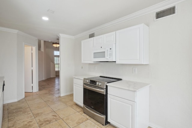 12848 Hilltop Dr, Balch Springs, TX 75180 - kitchen featuring white microwave, electric stove, crown molding, white cabinets, and light countertops