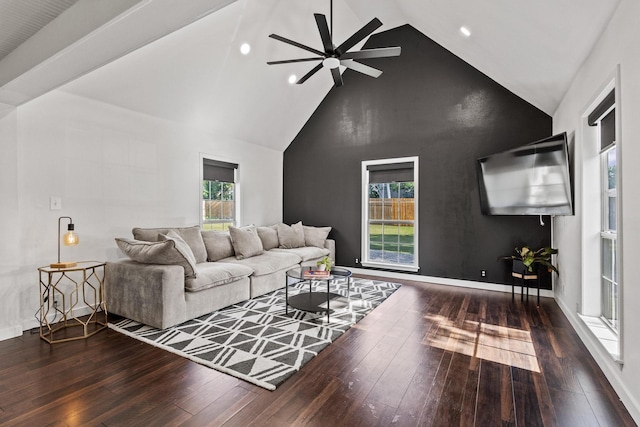 313 Chicken St, Weston, TX 75009 - living room featuring ceiling fan, high vaulted ceiling, hardwood / wood-style flooring, recessed lighting, and baseboards