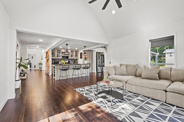 313 Chicken St, Weston, TX 75009 - living area featuring ceiling fan, dark wood-style flooring, recessed lighting, and high vaulted ceiling