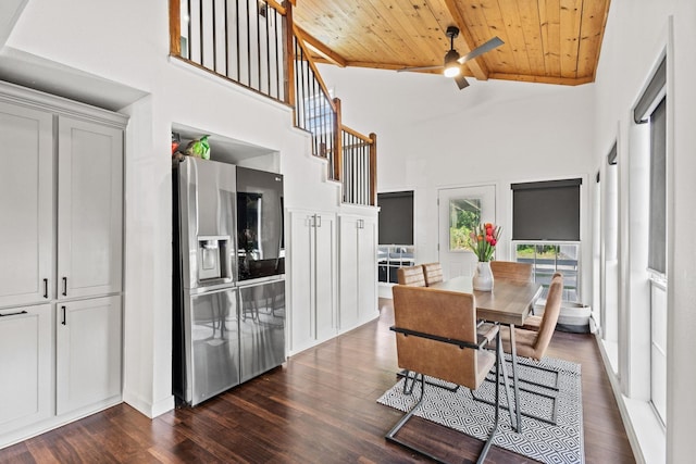 313 Chicken St, Weston, TX 75009 - dining space with wooden ceiling, high vaulted ceiling, a ceiling fan, and dark wood-style floors