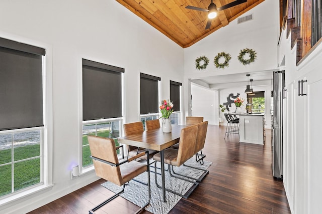313 Chicken St, Weston, TX 75009 - dining area featuring high vaulted ceiling, a ceiling fan, wooden ceiling, and dark wood-style floors
