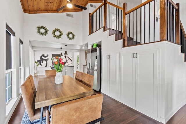 313 Chicken St, Weston, TX 75009 - dining room featuring wood ceiling with exposed beams, stairway, dark wood-style flooring, and high vaulted ceiling