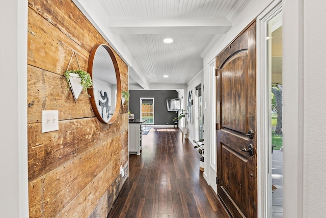 313 Chicken St, Weston, TX 75009 - hall with dark wood finished floors, beamed ceiling, wood walls, and recessed lighting