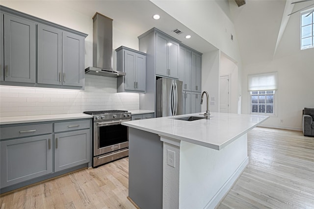 5067 Gaston Ave, Dallas, TX 75214 - kitchen with stainless steel appliances, wall chimney range hood, a sink, gray cabinets, and light wood-style floors