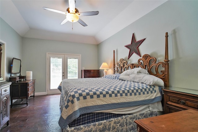 622 Green Meadow Trl, Holly Lake Ranch, TX 75765 - bedroom featuring access to exterior, french doors, dark wood finished floors, ceiling fan, and baseboards