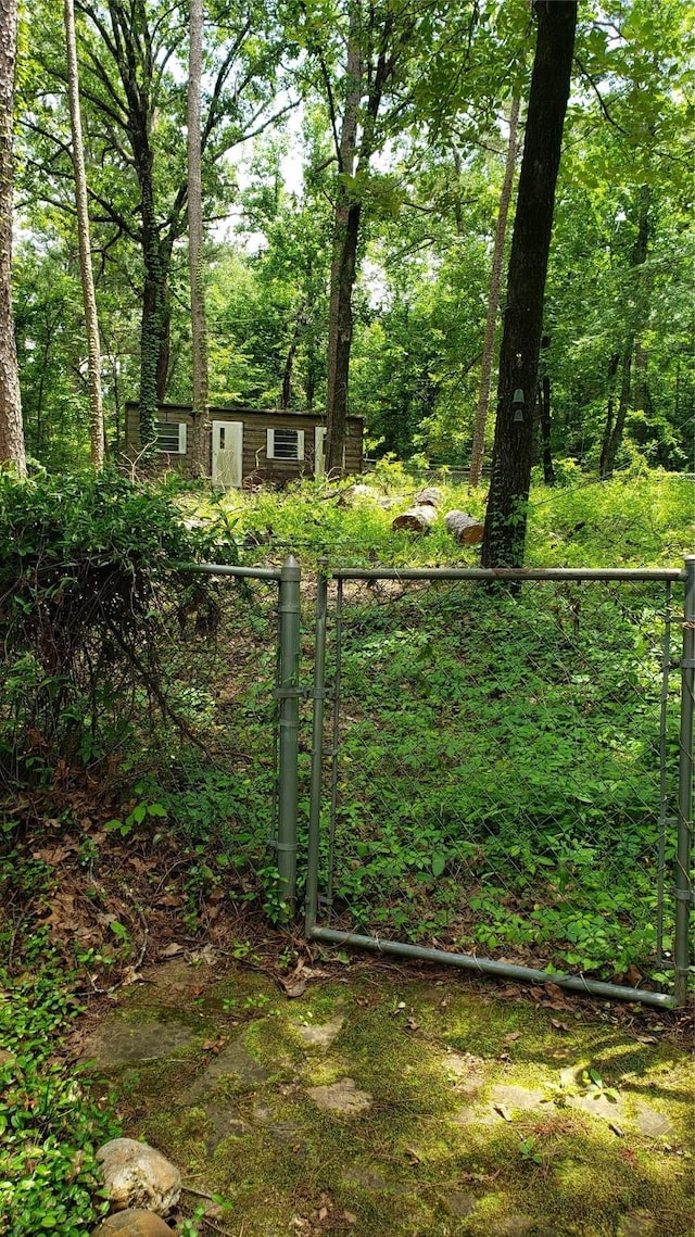 401 S Timberlane, Lone Star, TX 75638 - view of yard with a gate and a forest view