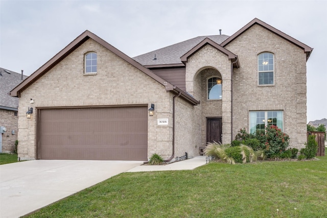 5725 Miriam Dr, Forney, TX 75126 - french country inspired facade featuring a front lawn, concrete driveway, roof with shingles, and brick siding
