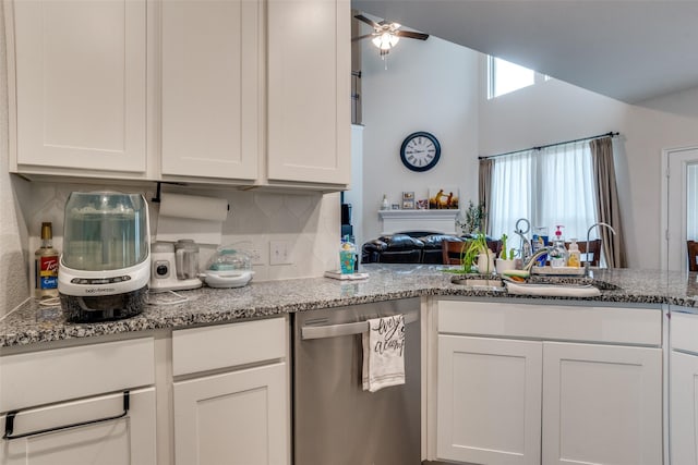 5725 Miriam Dr, Forney, TX 75126 - kitchen featuring dishwasher, backsplash, white cabinets, and a ceiling fan