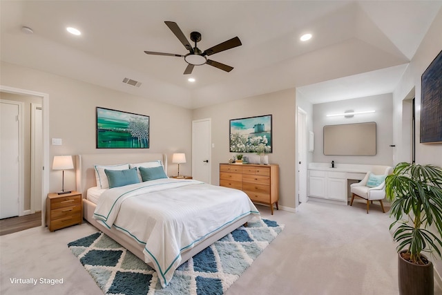 2209 Country Oaks Dr, Garland, TX 75040 - bedroom featuring light colored carpet, recessed lighting, baseboards, ensuite bath, and a ceiling fan