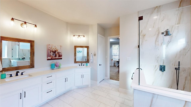 126 Saint Andrews Dr E, Mabank, TX 75156 - bathroom featuring double vanity, a marble finish shower, and tile patterned flooring