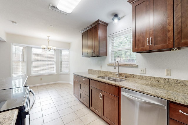 6432 Melinda Ct, Watauga, TX 76148 - kitchen with dishwasher, a sink, electric stove, a chandelier, and light tile patterned flooring
