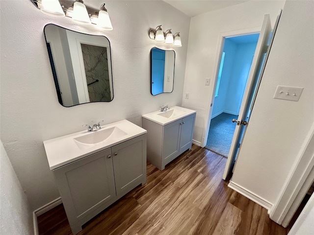 3913 Longstraw Dr, Fort Worth, TX 76137 - full bathroom with wood finished floors, two vanities, and baseboards
