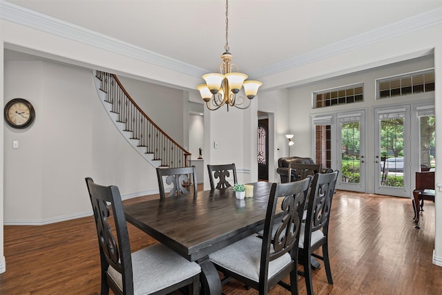 2505 Shoreline Dr, Keller, TX 76248 - dining room with a chandelier, wood finished floors, stairs, crown molding, and baseboards