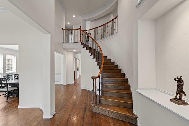 2505 Shoreline Dr, Keller, TX 76248 - stairs featuring a towering ceiling, wood finished floors, baseboards, and recessed lighting