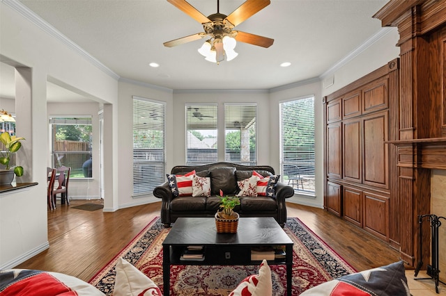 2505 Shoreline Dr, Keller, TX 76248 - living room with crown molding, wood finished floors, ceiling fan, baseboards, and recessed lighting