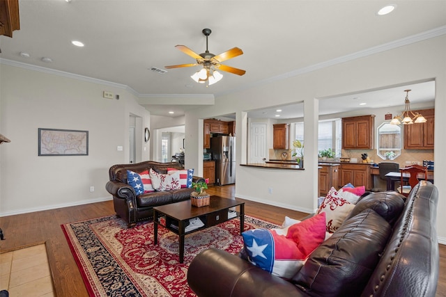 2505 Shoreline Dr, Keller, TX 76248 - living area featuring recessed lighting, crown molding, wood finished floors, a ceiling fan, and baseboards