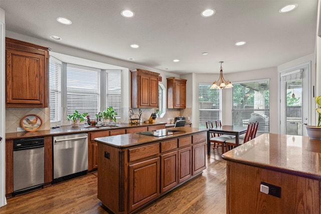 2505 Shoreline Dr, Keller, TX 76248 - kitchen featuring stainless steel dishwasher, a chandelier, a center island, recessed lighting, and dark wood finished floors