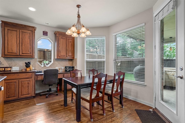 2505 Shoreline Dr, Keller, TX 76248 - dining space with a chandelier, wood finished floors, recessed lighting, and baseboards