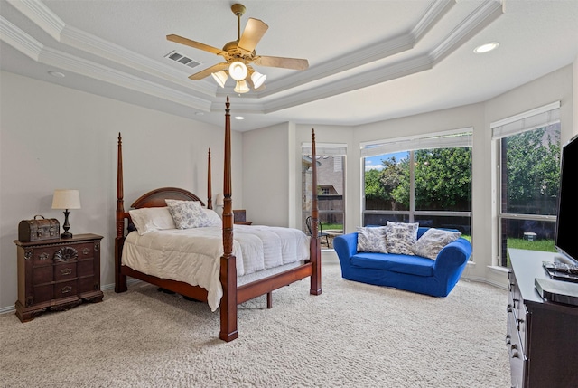 2505 Shoreline Dr, Keller, TX 76248 - bedroom with crown molding, light colored carpet, a tray ceiling, recessed lighting, and ceiling fan