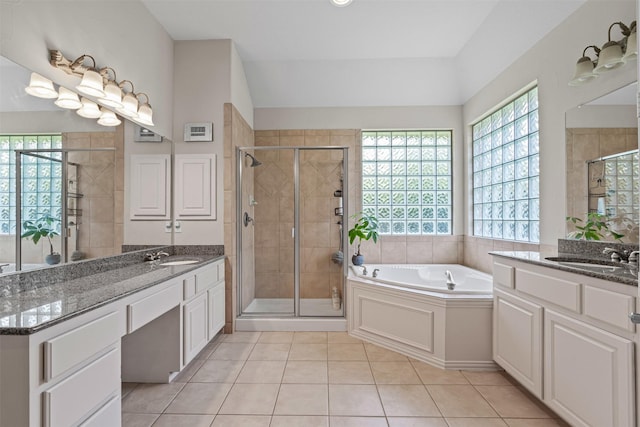 2505 Shoreline Dr, Keller, TX 76248 - bathroom with two vanities, a stall shower, a bath, and tile patterned flooring