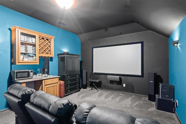 2505 Shoreline Dr, Keller, TX 76248 - cinema room with light carpet, a sink, lofted ceiling, and baseboards